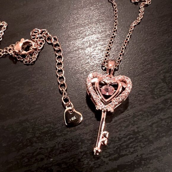 SALE 18k Stamped Rose Gold Filled Victorian Crystal Key Pendant Necklace - Picture 4 of 7